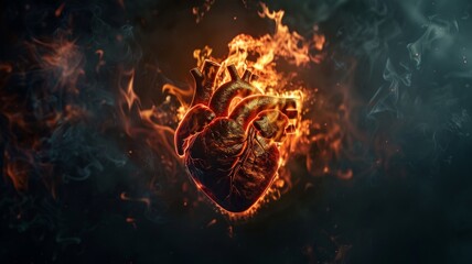Anatomical heart ablaze with flames - A realistic human heart engulfed in flames depicting strong emotions or a burning passion for life