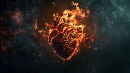 Fotobehang Anatomical heart ablaze with flames - A realistic human heart engulfed in flames depicting strong emotions or a burning passion for life © Tida