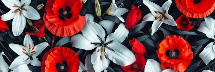 A blooming pattern reflecting the contrasts with a mix of blood-red poppies and pure white lilies representing beauty created with Generative AI Technology