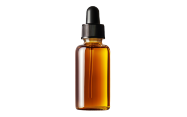 A bottle of oil with a dropper on a white background, poised to dispense a precious liquid