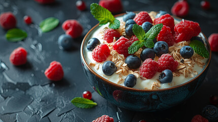 Oatmeal with raspberries and blueberries in a bowl on a dark background.
