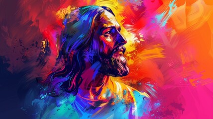 Vibrant portrait of Jesus Christ in vivid colors - A lively, colorful portrait of Jesus Christ composed with a myriad of bright colors, evoking strong emotions and personality