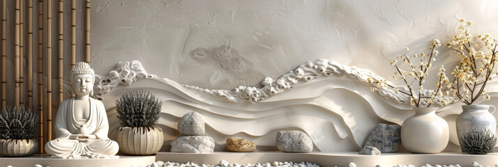 Zen garden with Buddha statue and dry flowers, ideal for spa and relaxation areas. Vesak Day greeting card.