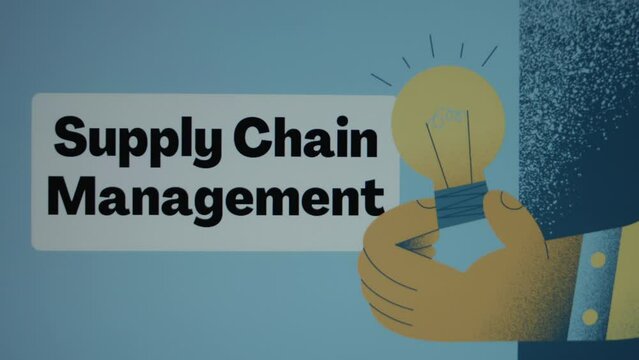 Supply Chain Management inscription in frame on blue background. Graphic presentation with illustration of hand holding a light bulb. Manufacturing concept