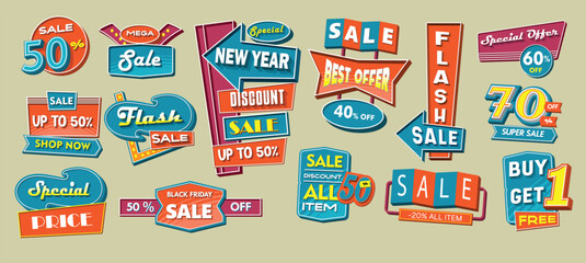 Retro design elements Artistic concept of promotional labels, badges, stickers, ads and bubble speeches Vintage collection of advertisements and coupons