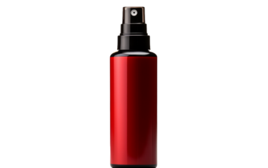 A vibrant red spray bottle with a sleek black top, standing out against a neutral background