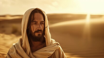 Jesus Christ Serene Desert Sunrise - A contemplative Jesus in traditional robes against a serene desert sunrise. - obrazy, fototapety, plakaty
