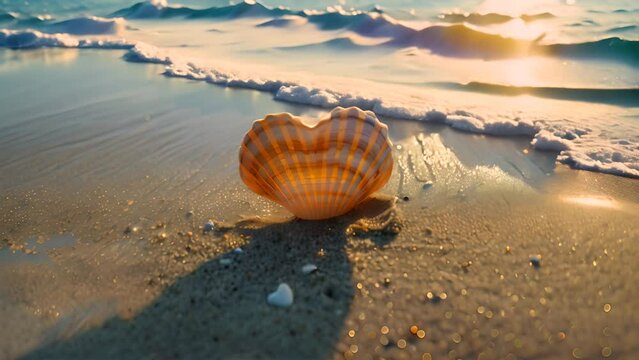 heart shaped sea shell on the beach sand.