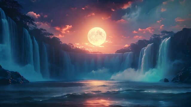 wide waterfall at night with full moon shining above it. 