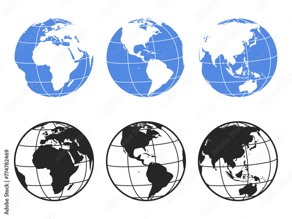 Aufkleber vector icon set collection of globes of earth. simple world map illustrations in a globe shape isola