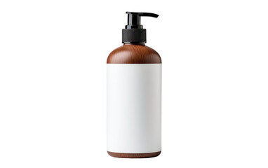 Fototapeta premium A brown and white soap bottle stands on a clean white background