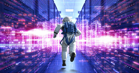 Astronaut's Mission in the High-Tech Space Data Center. Technology Related 3D CG Animation.