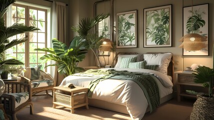 A serene bedroom with a nature-inspired theme, featuring botanical prints, leafy green accents, and earthy tones.