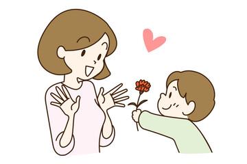 カーネーションをお母さんに渡す子ども　母の日