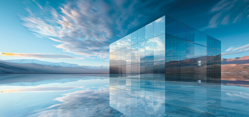 Blending into the surroundings. A state of the art design center or modern R&D facility building. Glass hall.
