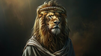 Majestic Lion Portrait with Golden Crown - A stunning digital art portrait of a lion wearing a golden crown, symbolizing royalty and power, with a dark mystical background - obrazy, fototapety, plakaty