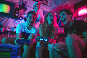 A group of friends playing video games on a retro console, surrounded by VHS tapes and neon lights - obrazy, fototapety, plakaty