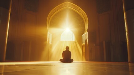 Person meditating in serene mosque setting - A solitary individual finds tranquility through meditation in the spiritual ambiance of a sunlit mosque