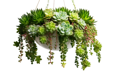 Hanging planter brimming with succulents against white wall