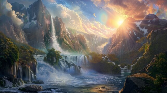 Majestic mountain range with vibrant waterfalls - This stunning image captures the tranquil beauty of a majestic mountain range with vibrant waterfalls amidst lush foliage