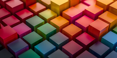 Colorful wooden blocks or blocks of other material, roughly placed. Wide format. Hand edited AI.