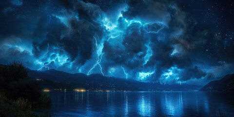 landscape panorama with thunderstorms and thunderbolt lightning flashes in night blue sky in nature over a lake with mountains