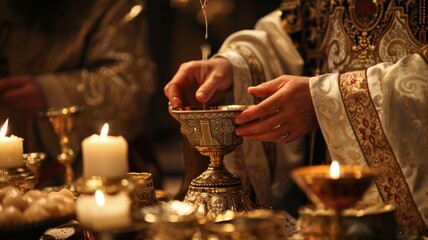 Priest consecrates chalice during mass - A solemn moment as a priest consecrates the chalice amidst candles during a religious service - obrazy, fototapety, plakaty