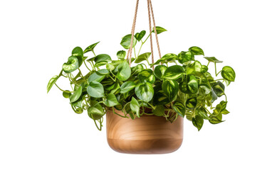 Fototapeta premium A potted plant sways gently, suspended from a rope against a neutral backdrop