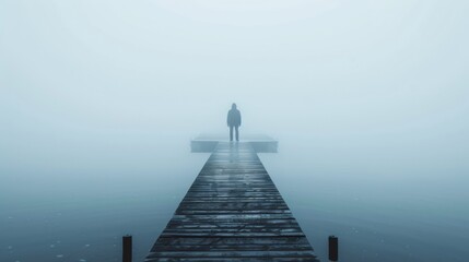 A person standing on a dock in the foggy water, AI - Powered by Adobe