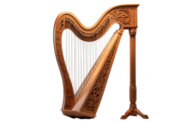 A large wooden harp serenely perched atop a wooden pole