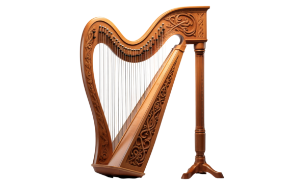 A large wooden harp serenely perched atop a wooden pole
