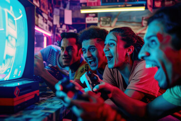 A group of friends playing video games on a retro console, surrounded by VHS tapes and neon lights
