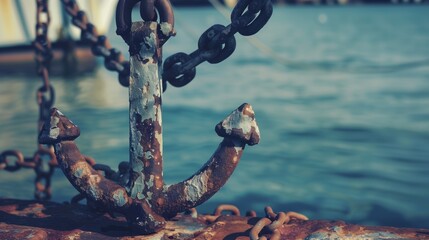 Weathered Anchor Close-up by Sea - obrazy, fototapety, plakaty