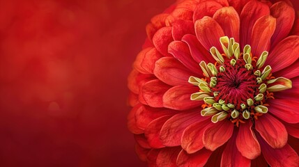 A close-up of a zinnia, with its red petals and yellow center, against a red background. - Powered by Adobe