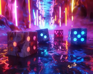 Brightly colored surrealistic dice, in a fantasy setting, 8K, vibrant and dreamlike scene