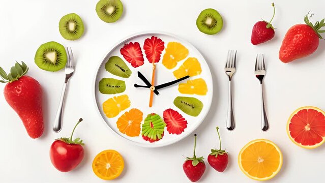 An artistic arrangement featuring a clock with citrus fruit slices on its face, surrounded by fresh kiwis, strawberries, and a lone cherry.. AI Generation