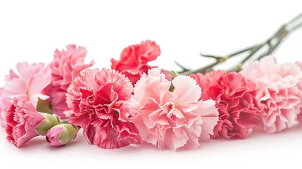 A cluster of carnations, with their pink and red petals, against a white background.