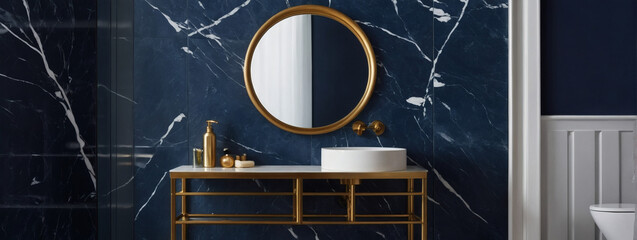 Bathroom wall mockup with marble vanity and towels on navy blue wall background. Change the colors and make each prompt different. - obrazy, fototapety, plakaty