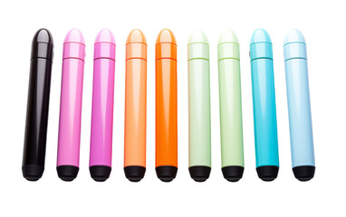 Five vibrant pens of different colors are neatly lined up in a row, creating a visual spectrum that is both striking and harmonious
