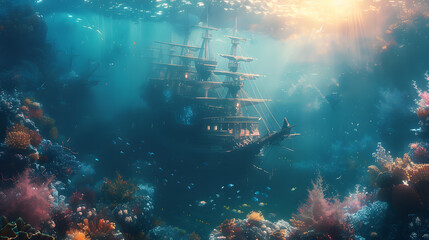 Pirate ship Nautical Cute on a quest for the legend of the lost city of Atlantis - obrazy, fototapety, plakaty