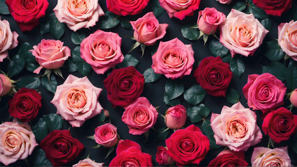 Classic Beauty: Red and Pink Roses on a Black Background 