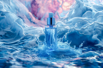 skincare bottle, moisturizing cosmetic serum in transparent bottle with droops in water waves