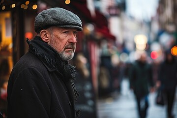 Portrait of an old man with a beard and a cap in the streets of London