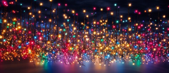 Numerous hanging lights are suspended from the ceiling, creating a dazzling display of illumination in the space