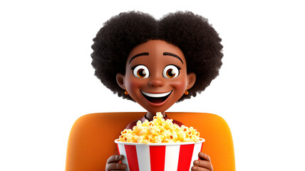 Happy 3d girl character with popcorn watching a movie in a cinema on PNG transparent or white background.

