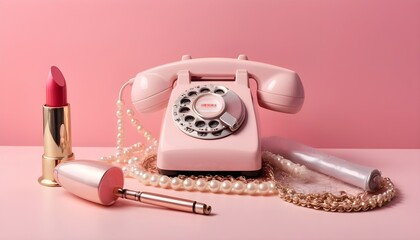 Rotary dial phone in a mesh bag, lipstick, retro style hand mirror, pearls, coupe champagne glass, creative aesthetic layout, pastel pink background. Nostalgia trend. - obrazy, fototapety, plakaty