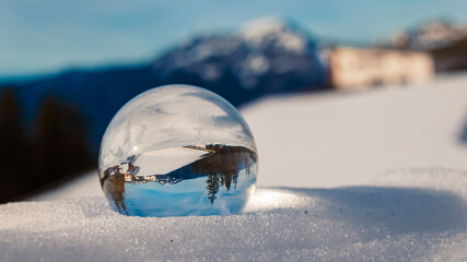 Crystal ball alpine winter landscape shot at Mount Predigtstuhl, Bad Reichenhall, Lattengebirge mountains, Berchtesgadener Land, Bavaria, Germany - obrazy, fototapety, plakaty
