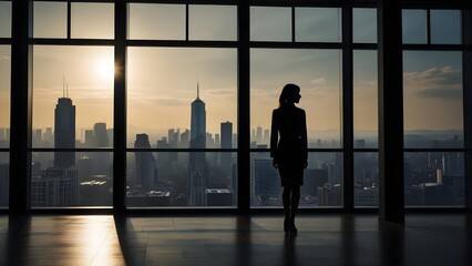 Modern office meeting room city skyline penthouse Silhouette business woman alone looking out the window sunlight exposure illustration - obrazy, fototapety, plakaty