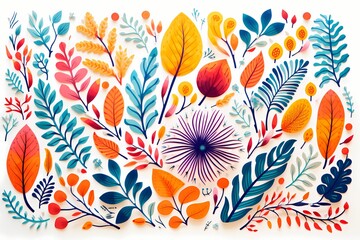 Fototapeta na wymiar A series of intricate, colorful vector patterns inspired by nature's elements, each presented in a minimalistic style on a white solid background