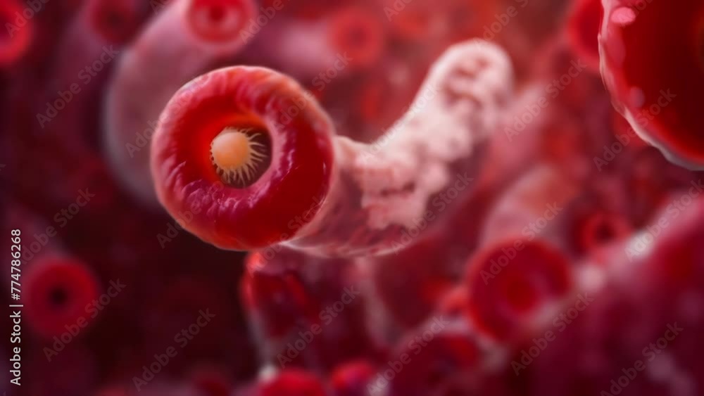 Poster a magnified image of a worm egg laying on top of a red cell showcasing the invasion of the into the 
